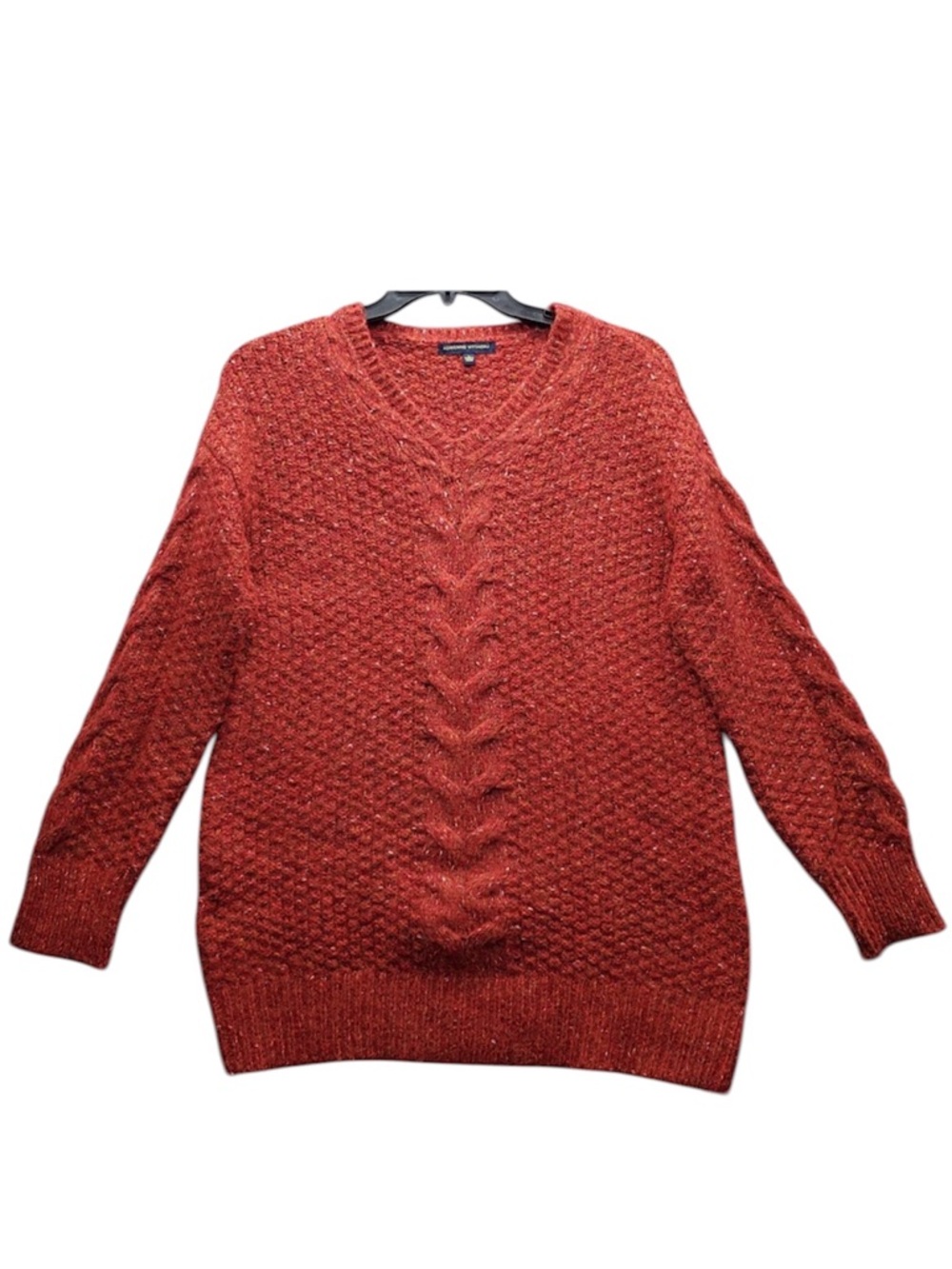 Adrienne Vittadini Sweater Red Cable Knit Raglan Sleeve V-Neck Pullover Large